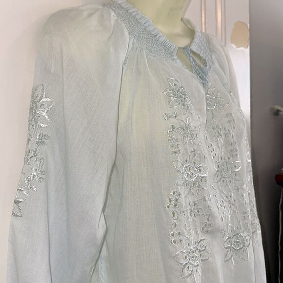 Vtg  70s Boho Festival Light Blue Eyelet Lace  Embroidered Long Sleeve Blouse - Picture 5 of 7